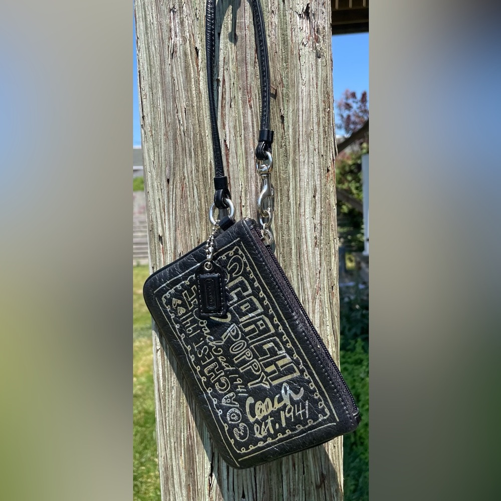 Vintage Coach Poppy Black and Silver Wristlet/Purse.